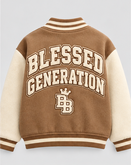 Blessed Generation Kids’ Varsity Jacket – Camel & Cream