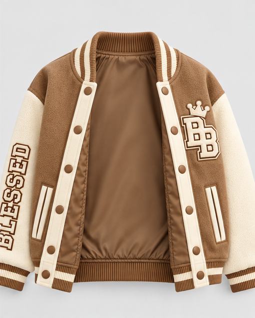 Blessed Generation Kids’ Varsity Jacket – Camel & Cream