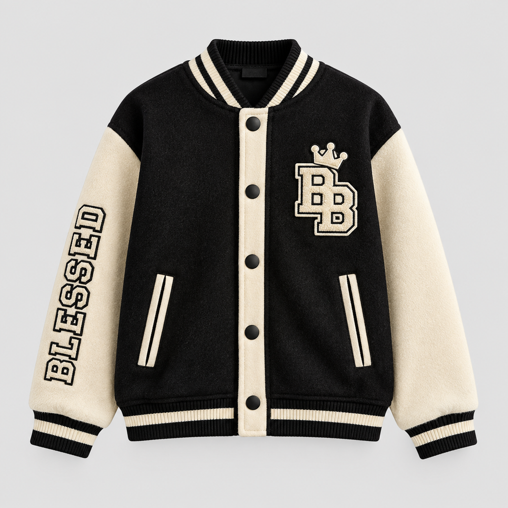 Blessed Generation Kids’ Varsity Jacket – Black & Cream