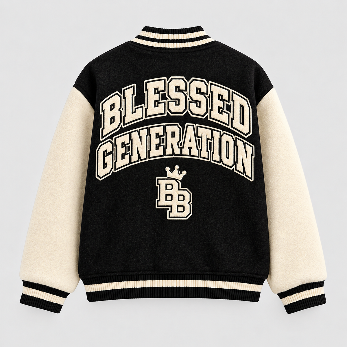 Blessed Generation Kids’ Varsity Jacket – Black & Cream