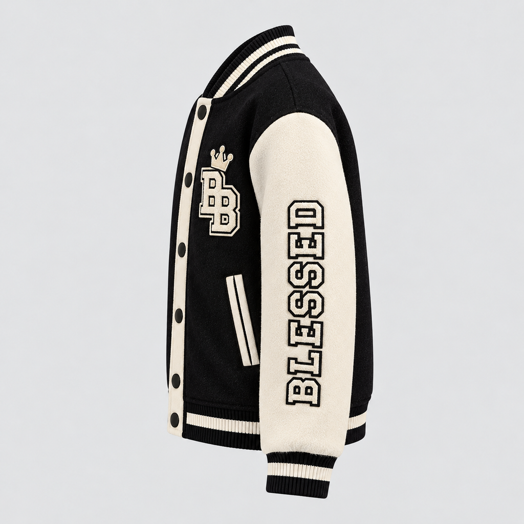 Blessed Generation Kids’ Varsity Jacket – Black & Cream