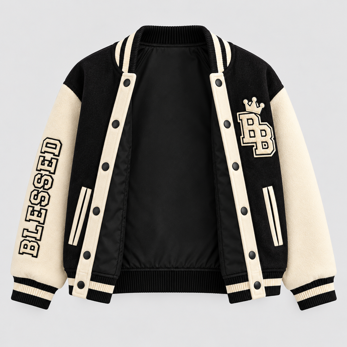 Blessed Generation Kids’ Varsity Jacket – Black & Cream