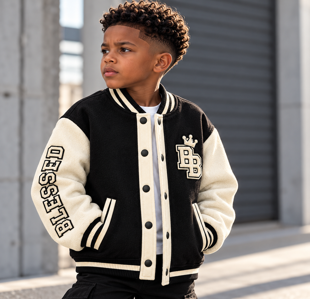 Blessed Generation Kids’ Varsity Jacket – Black & Cream