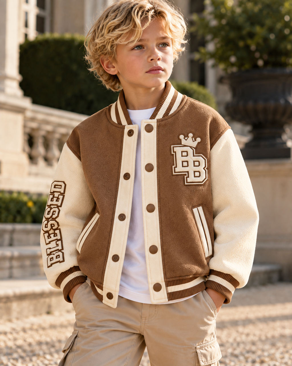 Blessed Generation Kids’ Varsity Jacket – Camel & Cream
